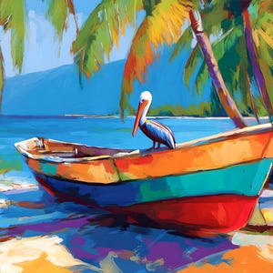 May include: A colorful painting of a tropical beach scene. A pelican stands in a small boat with orange, green, and blue paint. Palm trees and a blue ocean are in the background. The artwork is a vibrant depiction of a sunny day.