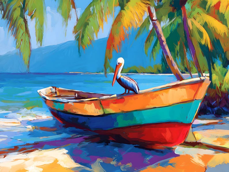 May include: A colorful painting of a tropical beach scene. A pelican stands in a small boat with orange, green, and blue paint. Palm trees and a blue ocean are in the background. The artwork is a vibrant depiction of a sunny day.