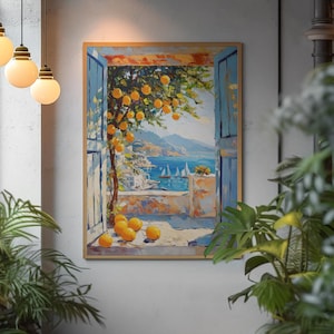 May include: A framed painting depicts a coastal scene with a window view. The artwork showcases a tree laden with oranges, overlooking a blue sea with sailboats. The window frame is blue, and the painting has a warm, inviting color palette.
