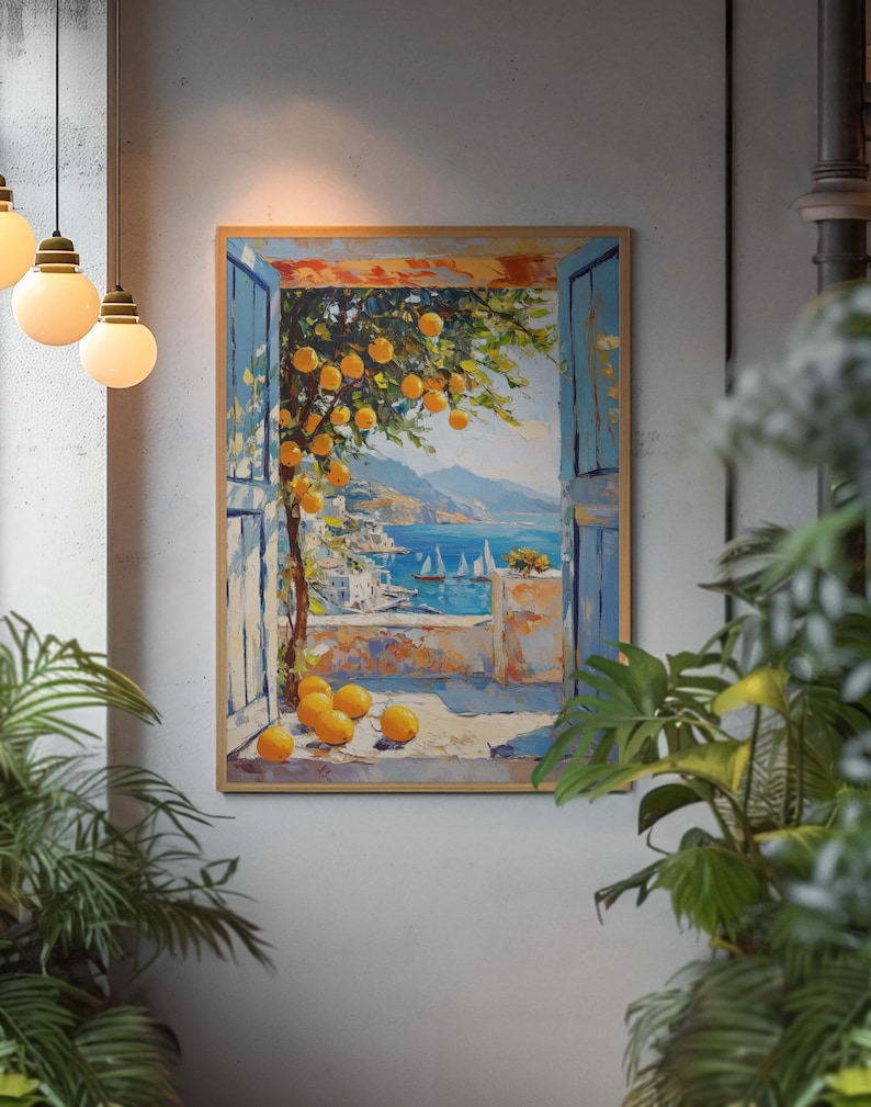 May include: A framed painting depicts a coastal scene with a window view. The artwork showcases a tree laden with oranges, overlooking a blue sea with sailboats. The window frame is blue, and the painting has a warm, inviting color palette.
