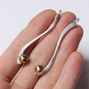 Long and Dangle silver Earrings with sleek linear hand forged sterling silver and copper, silver or brass Contemporary geometric image 1