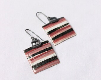 Enamel earrings the Striped pattern,  Pink,  white, dark, gray colors made of sterling silver and copper