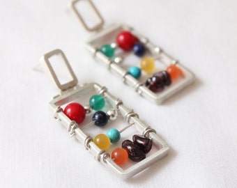 Boucles d’oreilles XL Abacus - Argent sterling et gemmes de couleur - Cadeau parfait pour l’enseignant Calcul mathématique Comptabilité