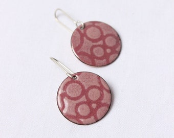 Enamel Pink earrings,  Round Bubble Earrings in Enamels roses, Sterling silver and copper