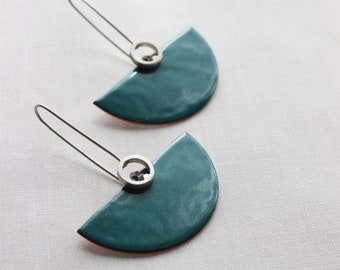 Sterling silver and copper with Turquoise enamel, semicircle, dangle, elegant modern look and comfortable, art deco style.&quot;Deco II earrings&quot;