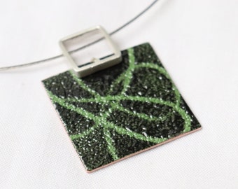 Enamel Necklace, Green and black enamels , Sterling silver and copper, Square, Stencil Necklace