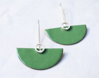 Sterling silver and copper with Green enamel, semicircle, dangle, elegant modern look and comfortable, art deco style."Deco II earrings"