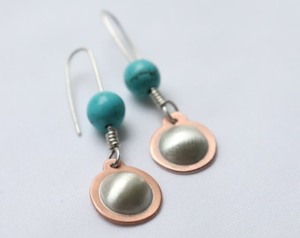 Dangle Turquoise earrings  made of  Sterling silver and copper, Small earring, Drop earrings,  Dainty Everyday Earrings