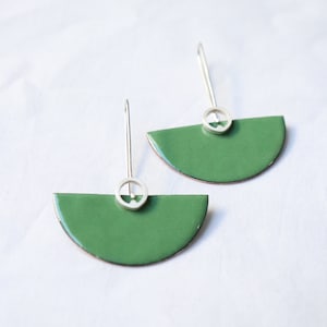 Sterling silver and copper with Green enamel, semicircle, dangle, elegant modern look and comfortable, art deco style."Deco II earrings"