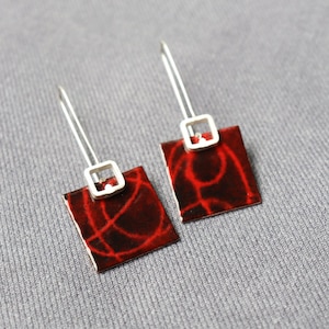Dangle  enamel earrings Red and Black color, Sterling silver and copper, Stencil earrings