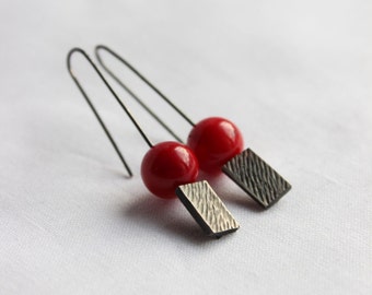 Red coral Rectangular earrings, Sterling silver with black patina, Oxidized , texture, geometric, rectangular, dangle, medium