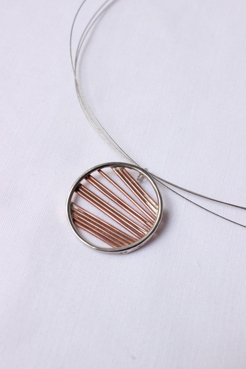 Necklace round of an inch, copper and sterling silver Asymmetrical sticks, Minimalist design, simple to use all day image 1