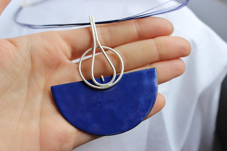 Blue Enamel Necklace, Sterling silver and copper, Statement Necklace, Deco Necklace image 3