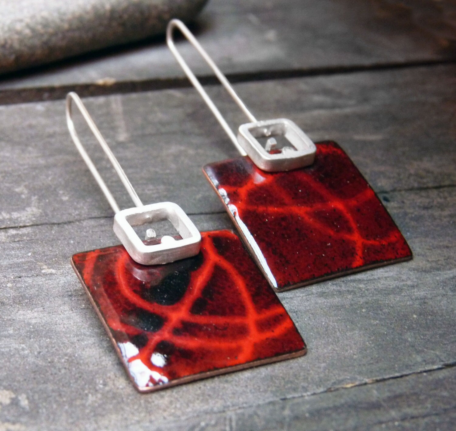Dangle Enamel Earrings Red and Black Color Sterling Silver - Etsy