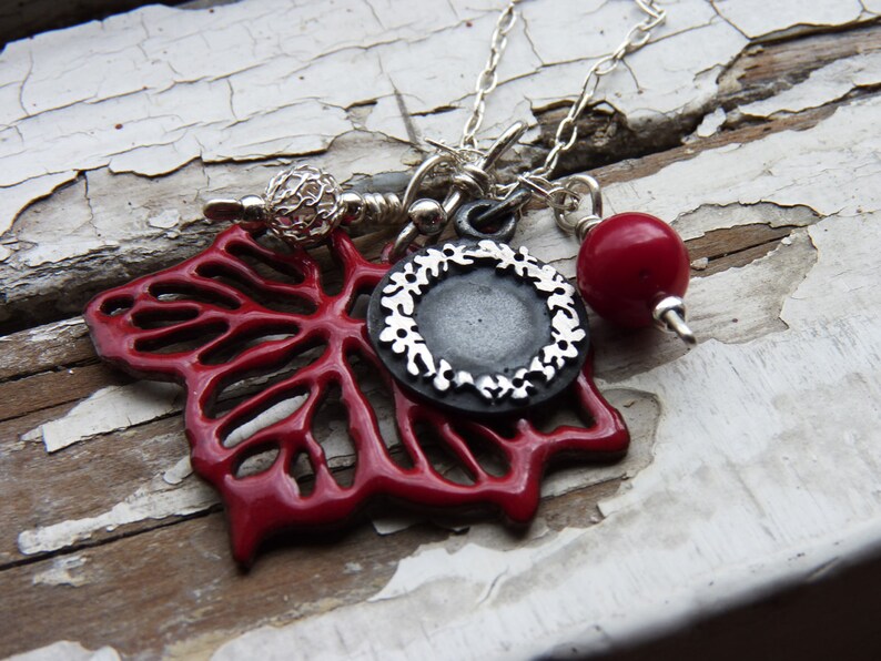 Leaf pendant, sterling silver, Copper and red enamel, autumn necklace, bouquet, black patina image 3