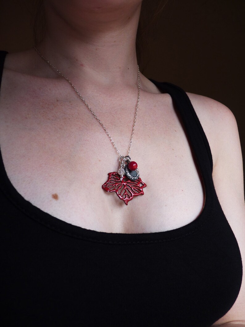 Leaf pendant, sterling silver, Copper and red enamel, autumn necklace, bouquet, black patina image 2