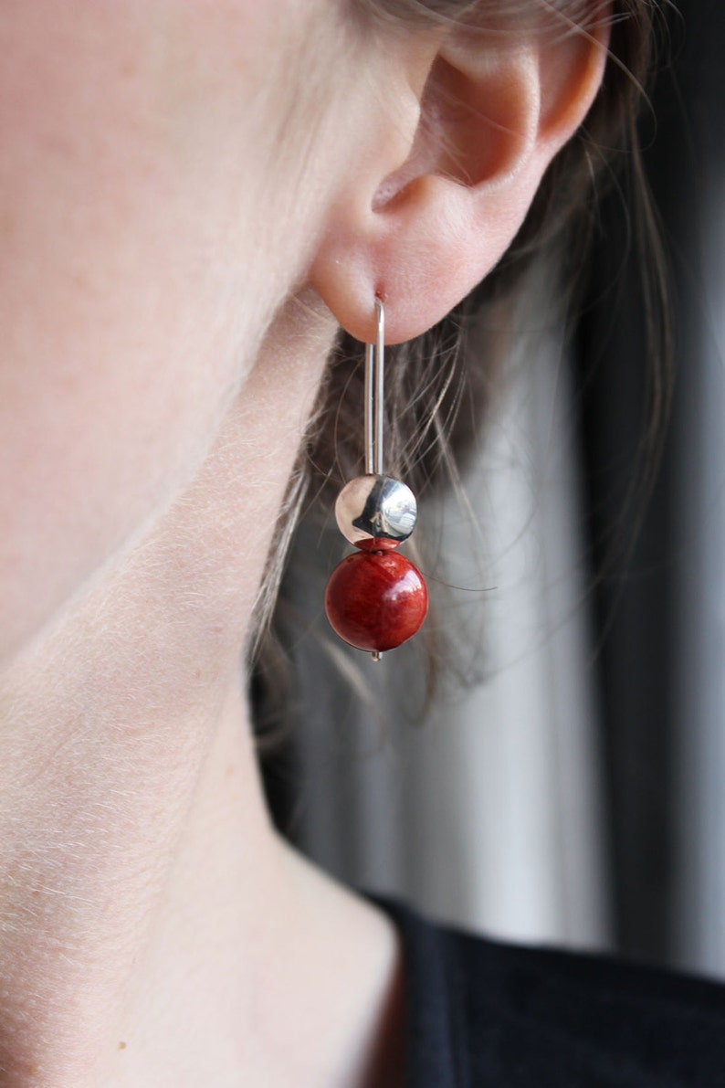 Natural Sponge Coral Earrings,Sterling silver and copper Forged geometric cupped disc,Contrast earrings image 3