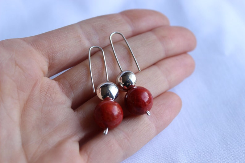 Natural Sponge Coral Earrings,Sterling silver and copper Forged geometric cupped disc,Contrast earrings image 4