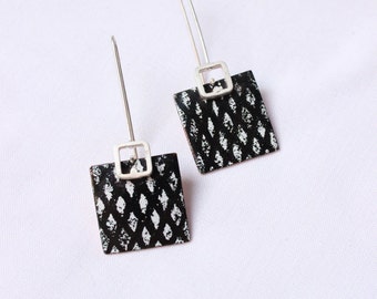 Black and white enamel earrings, Sterling silver and copper, Classic and elegant earrings, "Network earrings"