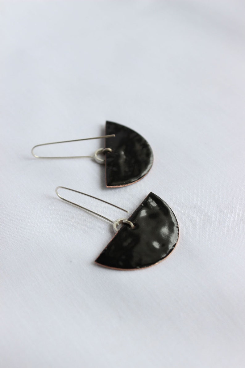 Deco earrings Sterling silver and copper with black enamel, dangle earrings in black color, semicircular shape, cocktail earrings image 5