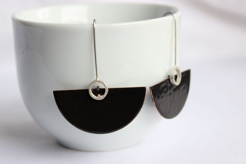 Deco earrings Sterling silver and copper with black enamel, dangle earrings in black color, semicircular shape, cocktail earrings image 3