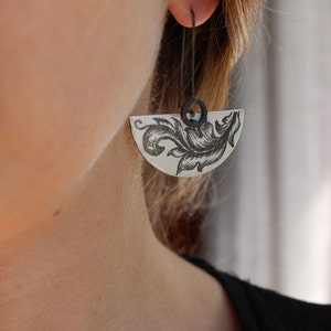 Ornamental Enamel earrings made of Sterling silver and copper with white enamel, Painting, Underglaze pencils image 5