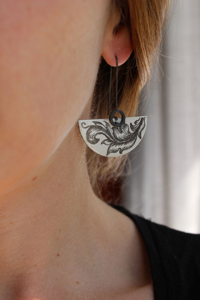 Ornamental Enamel earrings made of Sterling silver and copper with white enamel, Painting, Underglaze pencils image 5