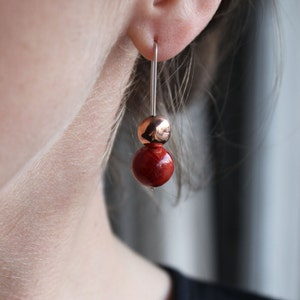 Natural Sponge Coral Earrings,Sterling silver and copper Forged geometric cupped disc,Contrast earrings image 5