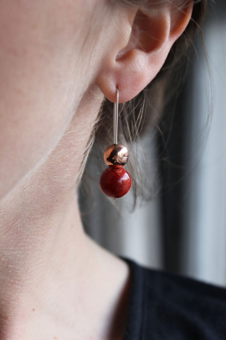 Natural Sponge Coral Earrings,Sterling silver and copper Forged geometric cupped disc,Contrast earrings image 5