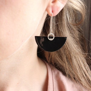 Deco earrings Sterling silver and copper with black enamel, dangle earrings in black color, semicircular shape, cocktail earrings image 4