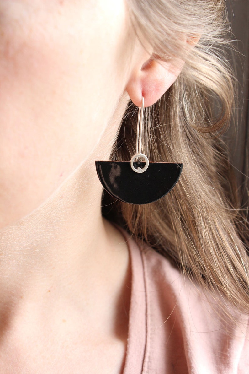Deco earrings Sterling silver and copper with black enamel, dangle earrings in black color, semicircular shape, cocktail earrings image 4