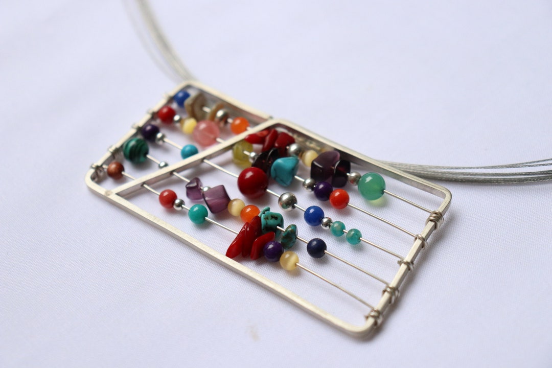 Extra Large Abacus Pendant Handmade With Sterling Silver and Colorful