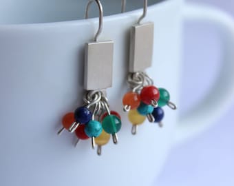 Multicolor earrings made of  Sterling silver and colorful gemstone, Dangler or Studs Cluster earrings, Fresh Vibrant colors, To wear all day