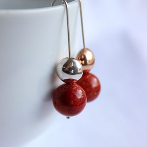 Natural Sponge Coral Earrings,Sterling silver and copper Forged geometric cupped disc,Contrast earrings image 1