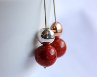 Natural Sponge Coral Earrings,Sterling silver and copper Forged geometric cupped disc,"Contrast earrings"