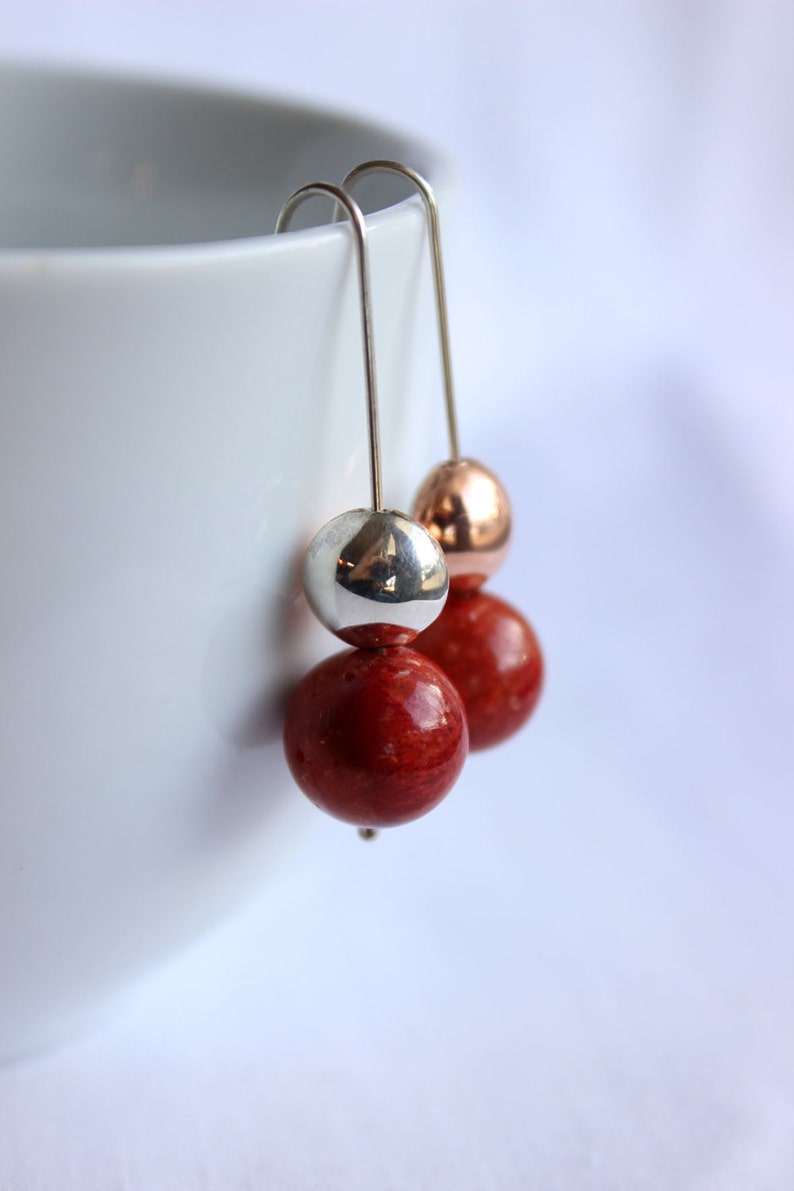Natural Sponge Coral Earrings,Sterling silver and copper Forged geometric cupped disc,Contrast earrings image 1
