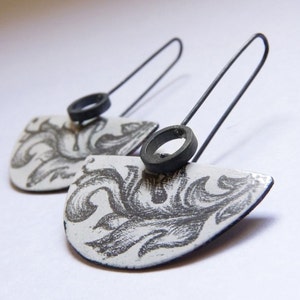 Ornamental Enamel earrings made of Sterling silver and copper with white enamel, Painting, Underglaze pencils image 2