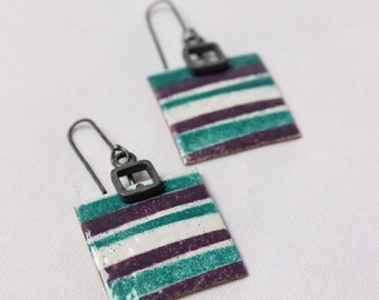 Square earrings enameled turquoise, white and purple, made of  Sterling silver and copper "Striped earrings"