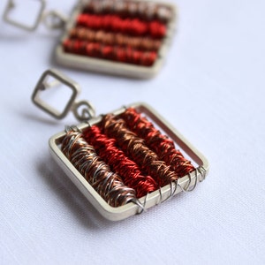 Square red Dangle earrings made of Sterling silver and copper tangle wire, Super lightweight, Wire wrapping Tangle earrings image 4