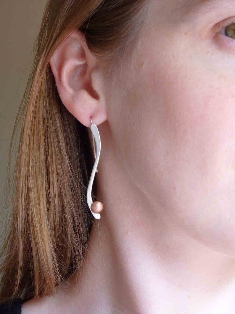 Long and Dangle silver Earrings with sleek linear hand forged sterling silver and copper, silver or brass Contemporary geometric image 4