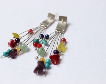 Pendientes multicolores hechos de plata de ley y gemas coloridas, perfectos para todas las estaciones, Long Dangle súper ligero