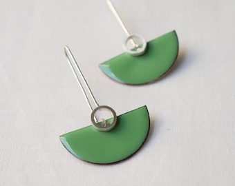 Sterling silver and copper with Green enamel, semicircle, dangle, elegant modern look and comfortable, art deco style Small Deco earrings