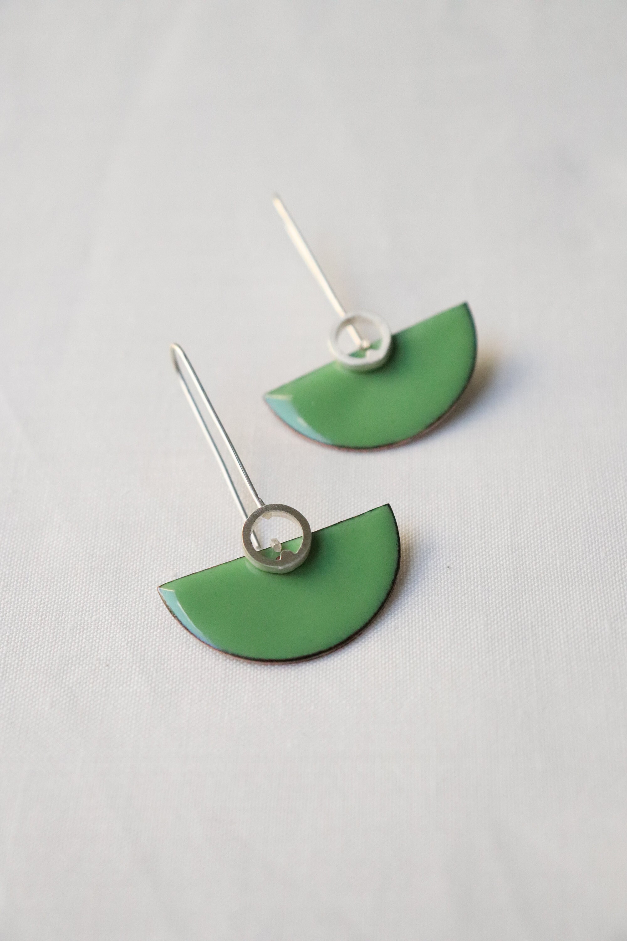Sterling silver and copper with Green enamel, semicircle, dangle, elegant modern look and comfortable, art deco style Small Deco earrings