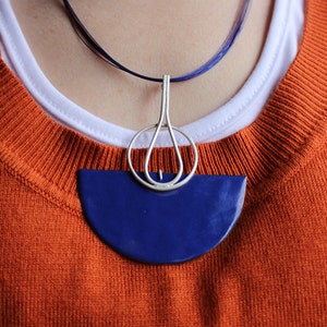 Blue Enamel Necklace, Sterling silver and copper, Statement Necklace, Deco Necklace image 1