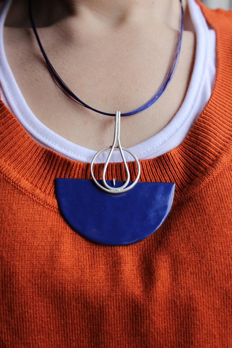 Blue Enamel Necklace, Sterling silver and copper, Statement Necklace, Deco Necklace image 1