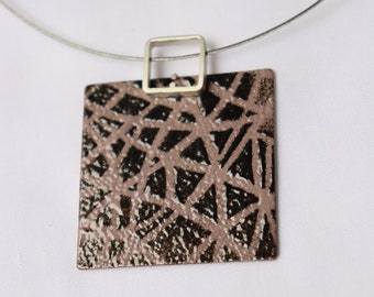 Enameled Drawnwork Pendant  Biscuit and brown enamels, Sterling silver and copper, Square necklace