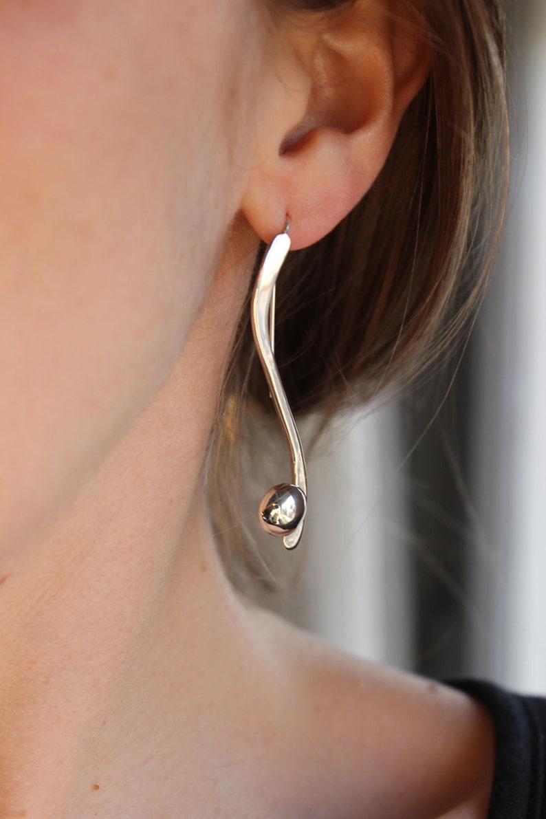 Long and Dangle silver Earrings with sleek linear hand forged sterling silver and copper, silver or brass Contemporary geometric image 2