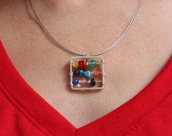 Little Abacus Necklace made in Sterling silver, Stones in colorful tones, Multicolor, Mathematics, Teacher, Square pendant
