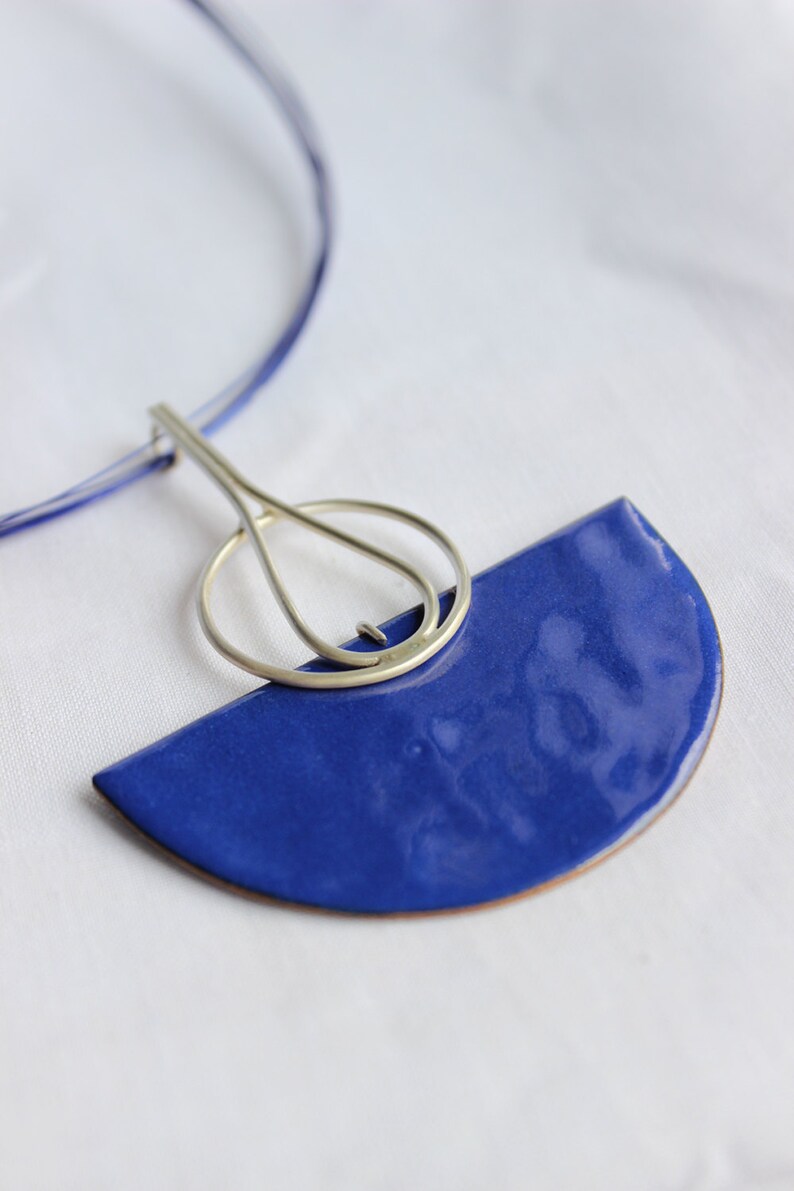 Blue Enamel Necklace, Sterling silver and copper, Statement Necklace, Deco Necklace image 2