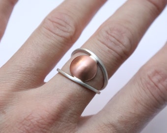 Modern ring made of sterling silver and copper,  made to order in your size "Line and Point Ring II"